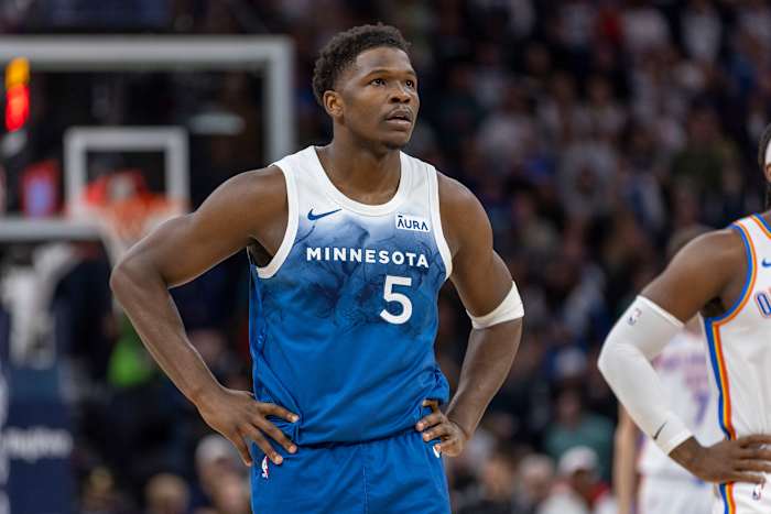 Jan 20, 2024; Minneapolis, Minnesota, USA; Minnesota Timberwolves guard Anthony Edwards (5) looks on against the Oklahoma City Thunder in the first half at Target Center.